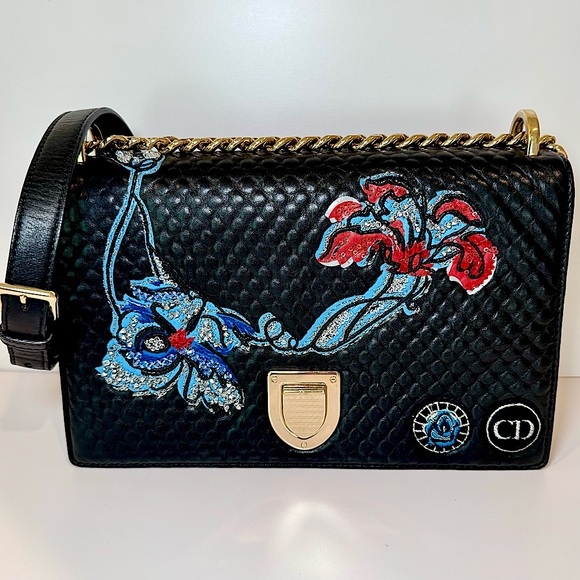 Dior Handbags - Christian Dior Diorama Medium Flap Bag W Black Embroidered Leather & Chain Strap